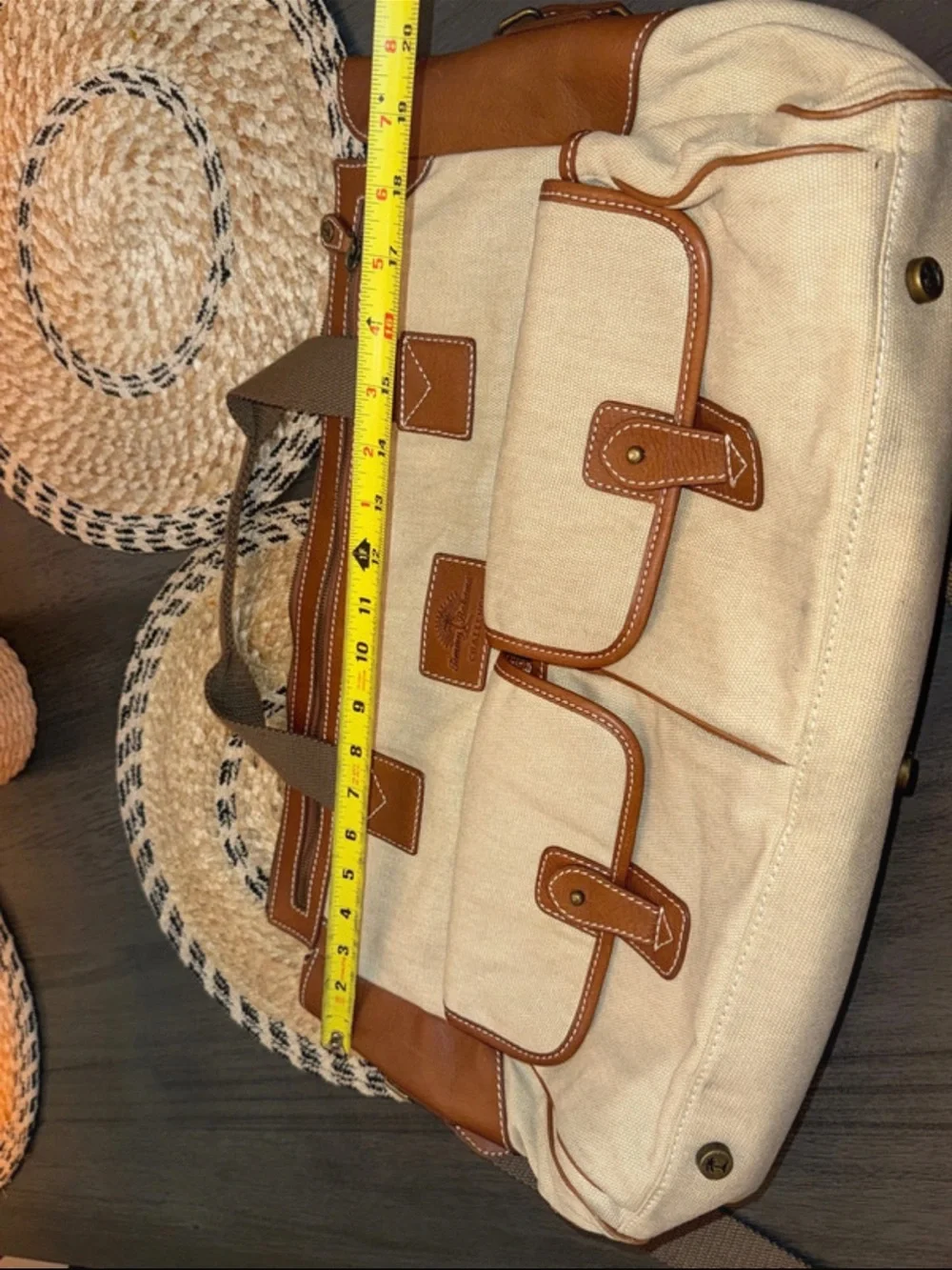 Tommy Bahama Challenge Canvas Leather Messenger Bag Travel Satchel Brown Beige